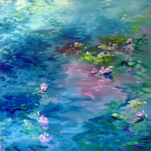 500x500 Painting Waterlily Pond In Blue ~ Daily Painting (Original Art - Pond Painting