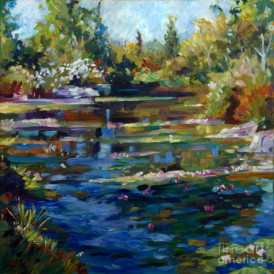 900x900 Blooming Lily Pond Painting By David Lloyd Glover - Pond Painting