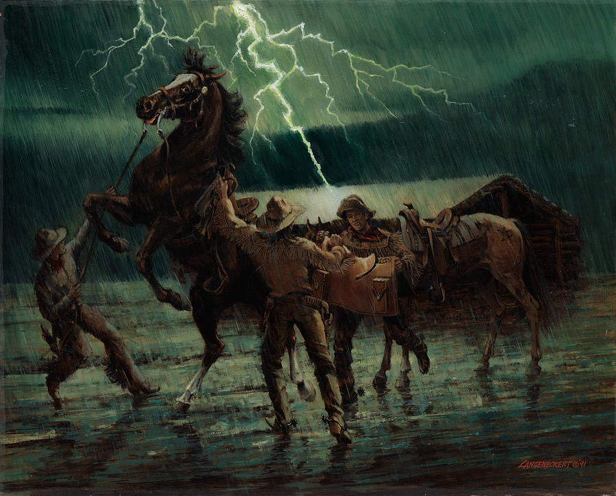 900x724 Pony Express In Rain Painting By Don Langeneckert - Pony Express Painting