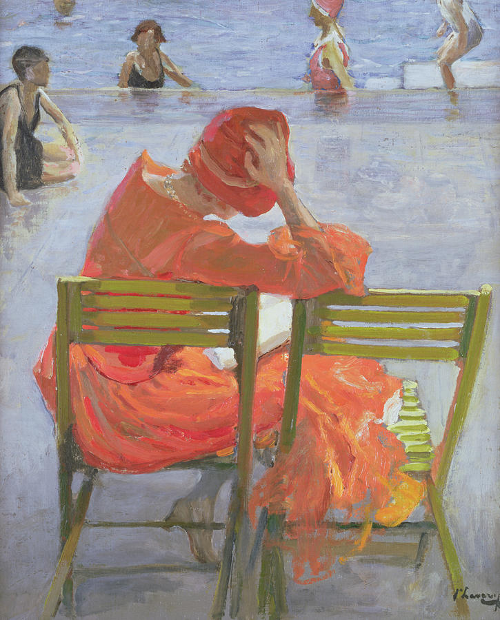 725x900 Girl In A Red Dress Reading By A Swimming Pool Painting By Sir - Pool Painting