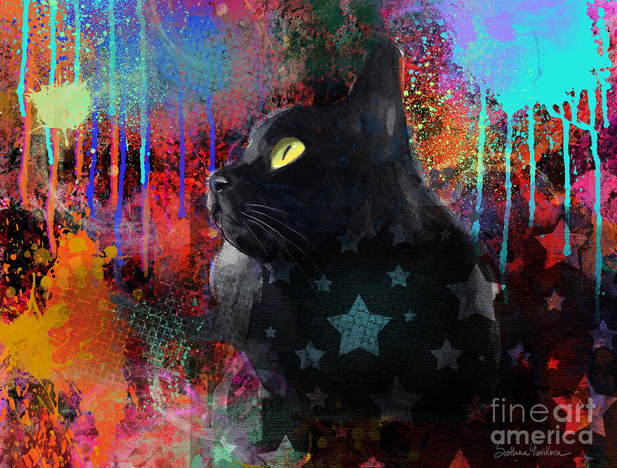 900x683 Pop Art Black Cat Painting Print Painting By Svetlana Novikova - Pop Art Cat Painting