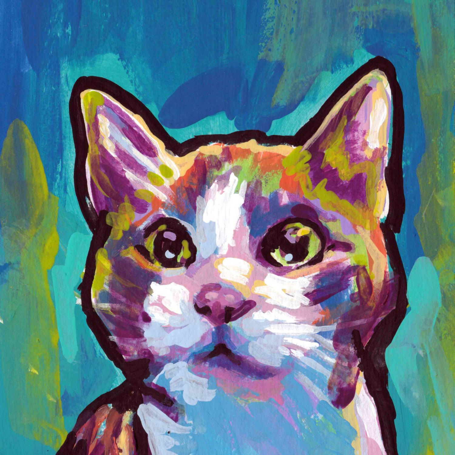 1500x1500 Fun Cat Portrait Art Print Of Bright Colorful Pop Art Painting - Pop Art Cat Painting