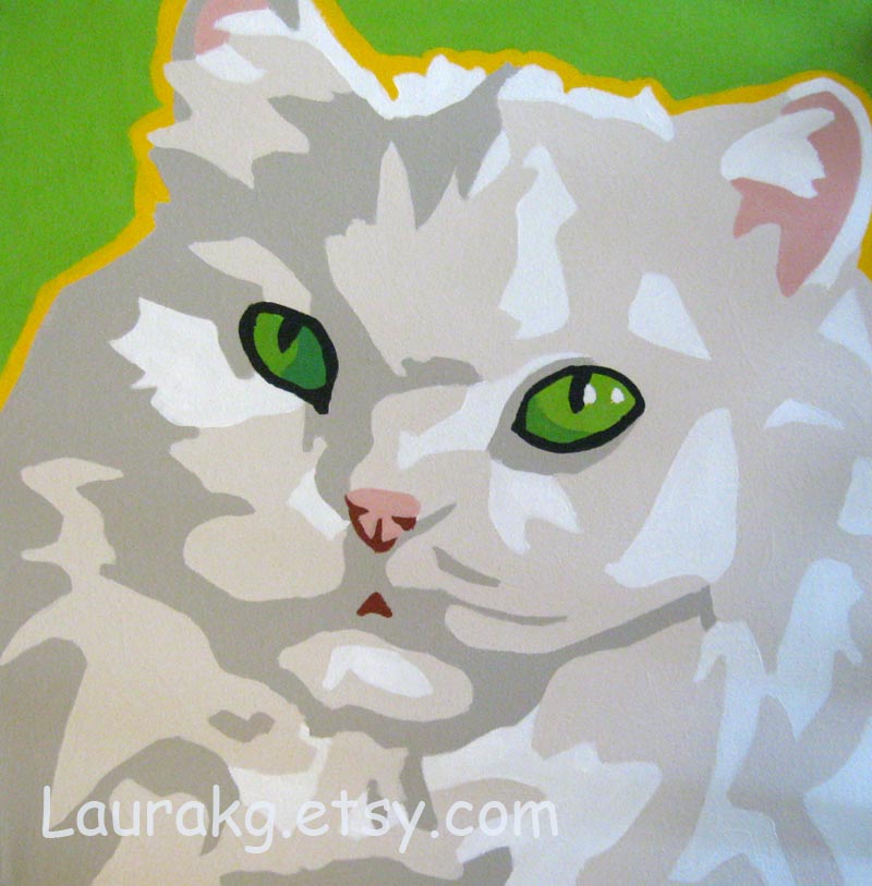 800x813 Laura Krushak Green Illustration Pop Art Pet Paintings - Pop Art Cat Painting