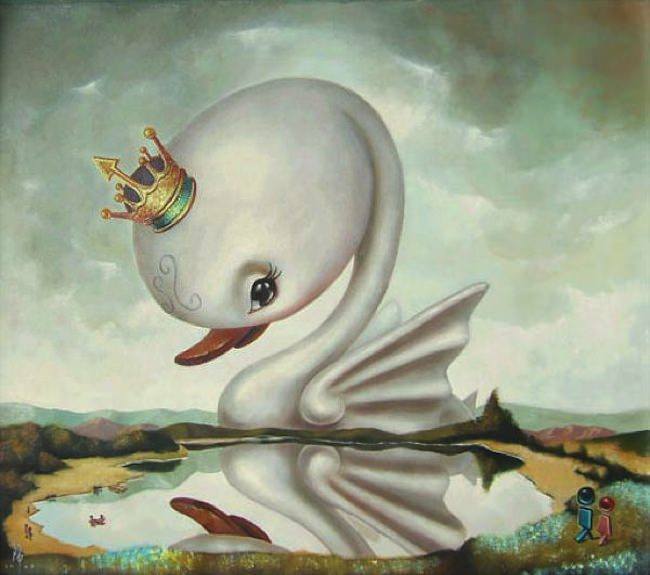 650x575 Giant Baby Swan Wearing Crown Watches The Viewer - Pop Surrealism Painting