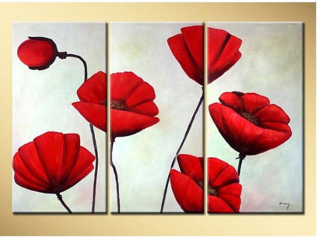 640x479 Handpainted 3 Pieces Red Poppies Flowers White Background Oil - Poppy Flower Painting