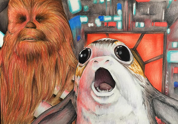 570x399 Porg Amp Chewbacca Original Drawing Fan Art A4. Star Wars - Porg Painting