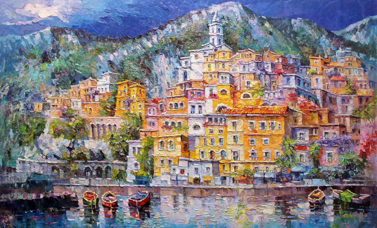 1200x725 Positano Villages Large Italian Painting 120x200cm (Royo Liu) - Positano Painting