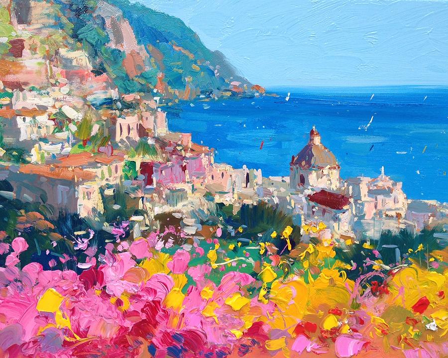 900x719 Positano With Flowers Painting By Agostino Veroni - Positano Painting