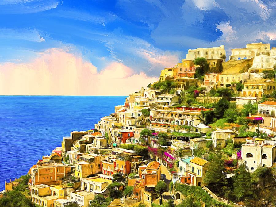 900x675 View Of Positano And Tyrrhenian Sea Painting By Dominic Piperata - Positano Painting