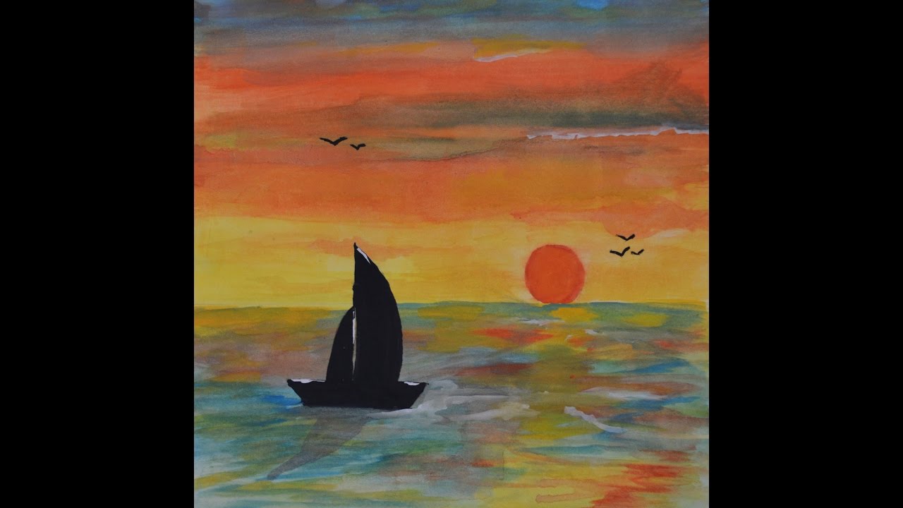 1280x720 A Simple Painting Of A Sunrise With A Boat - Poster Colour Painting