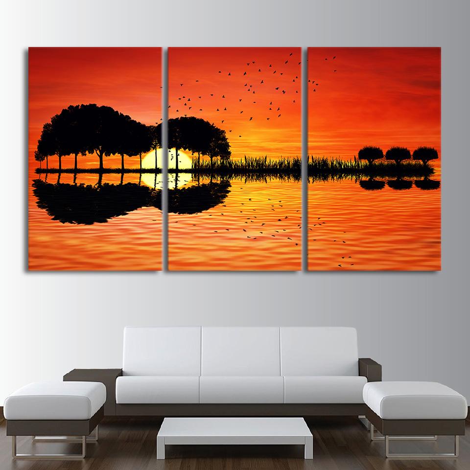 960x960 3 Piece Canvas Wall Art Hd Printed Guitar Tree Lake Sunset - Poster Painting
