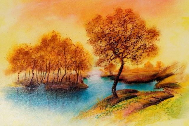 640x427 Diy Frame Autumn Tree Blue Lake Landscape Scenery Poster Painting - Poster Painting
