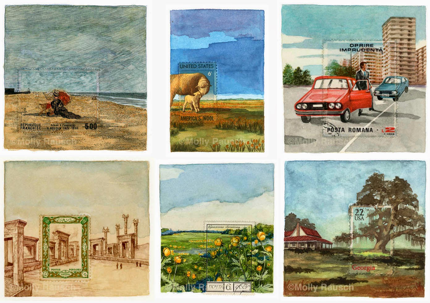 1391x980 Tofu's Art Blog Molly Rausch's Postage Stamp Paintings - Postes Painting