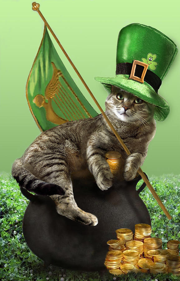 578x900 St. Patrick's Day Irish Cat Sitting On A Pot Of Gold Painting By - Pot Of Gold Painting