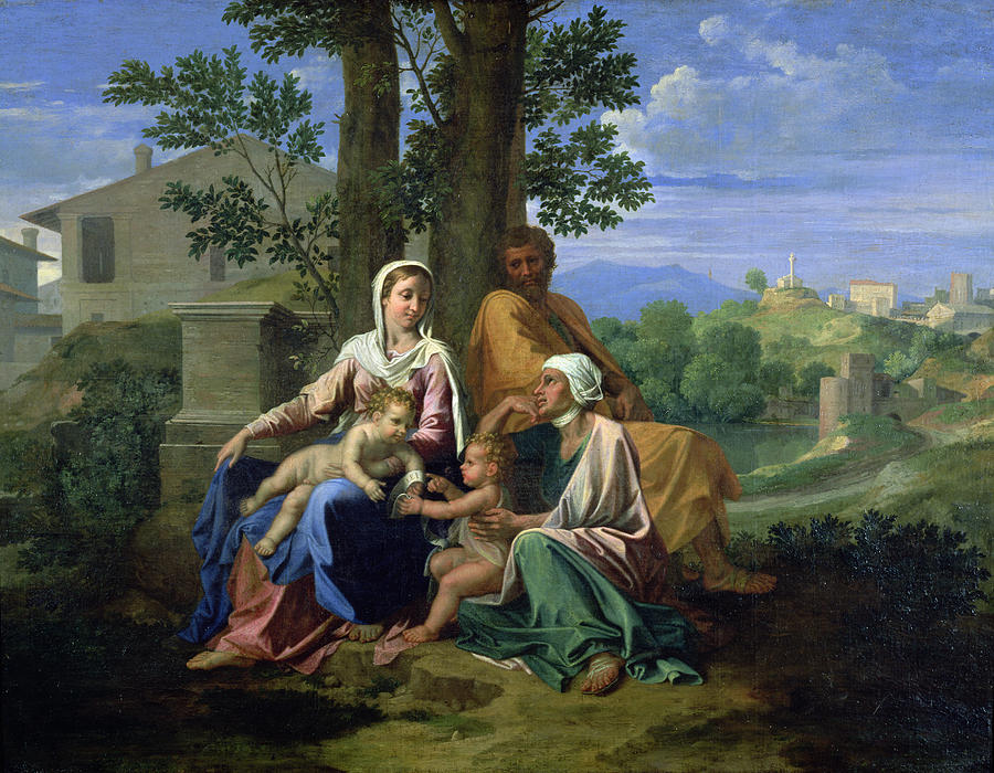 900x700 Holy Family With Ss John Elizabeth And Infant John - Poussin Painting