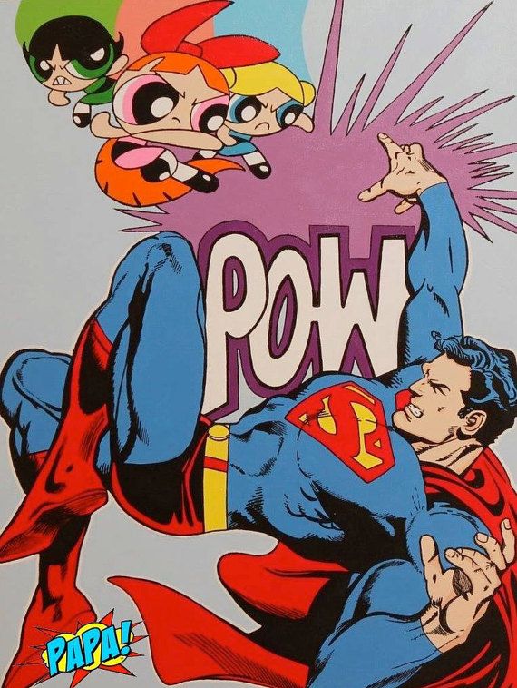 570x758 Powerpuff Girls Vs. Superman 30x40 Painting On Canvas Original - Powerpuff Girls Painting