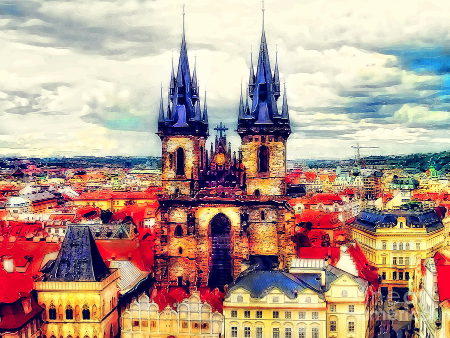 900x675 Prague Church Of Our Lady Before Tyn Watercolor Painting By - Prague Painting