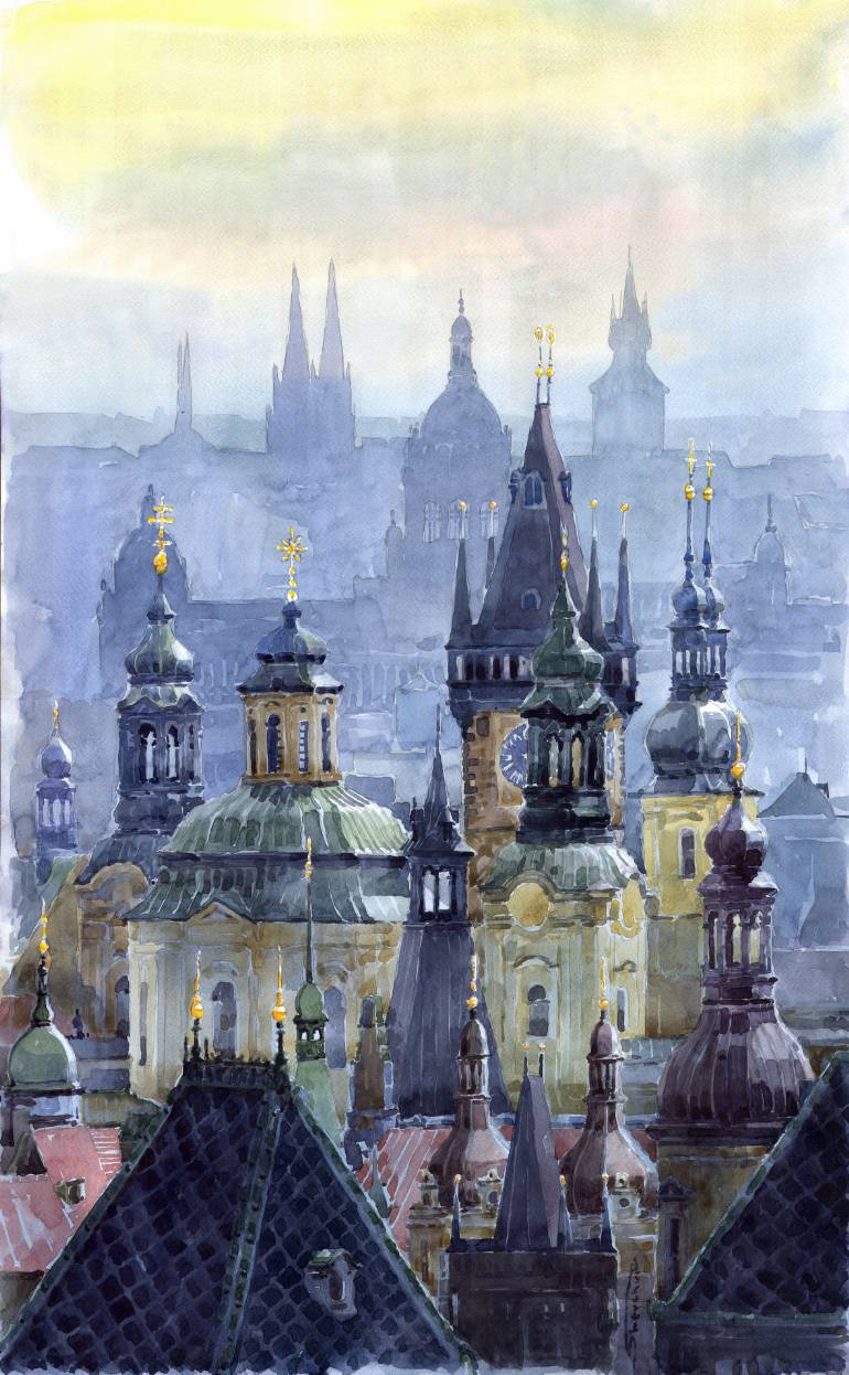 770x1246 Saatchi Art Prague Towers Painting By Yuriy Shevchuk - Prague Painting