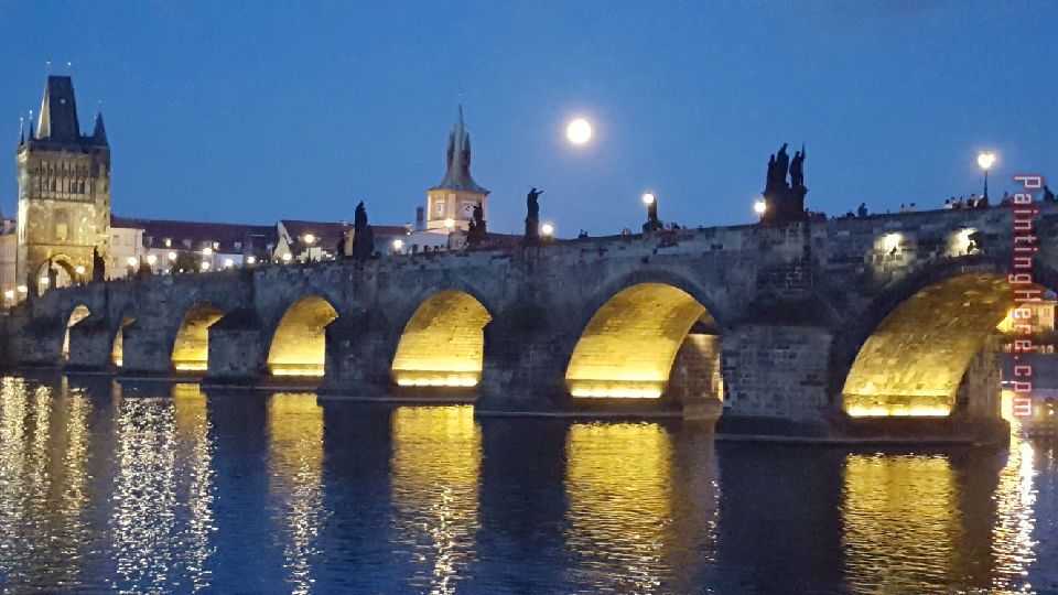 960x540 Unknown Artist Full Moon Rising Over Charles Bridge In Prague - Prague Painting