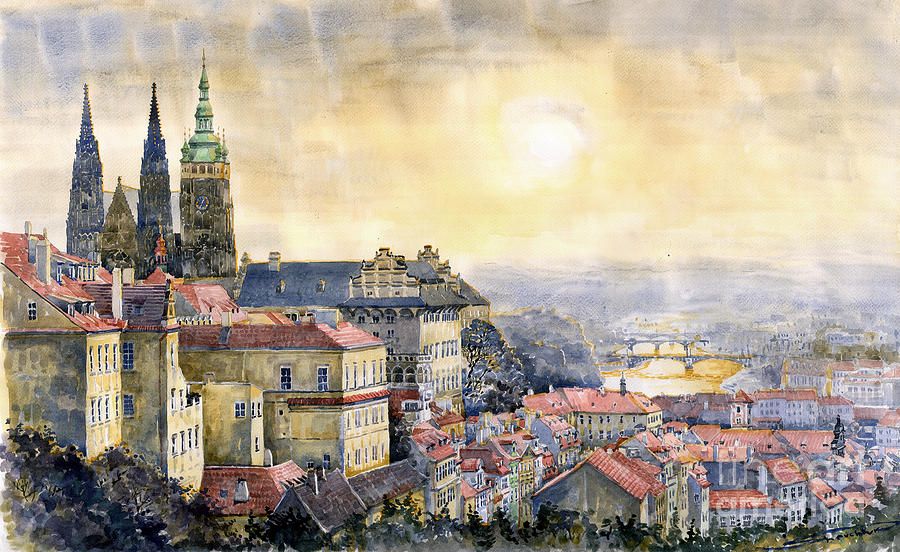 900x552 Dawn Of Prague By Yuriy Shevchuk ~ Watercolor Cityscapes ~ Art - Prague Painting