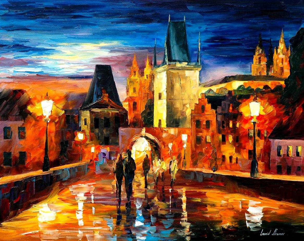 1166x924 Night In Prague Palette Knife Oil Painting On Canvas By Leonid - Prague Painting
