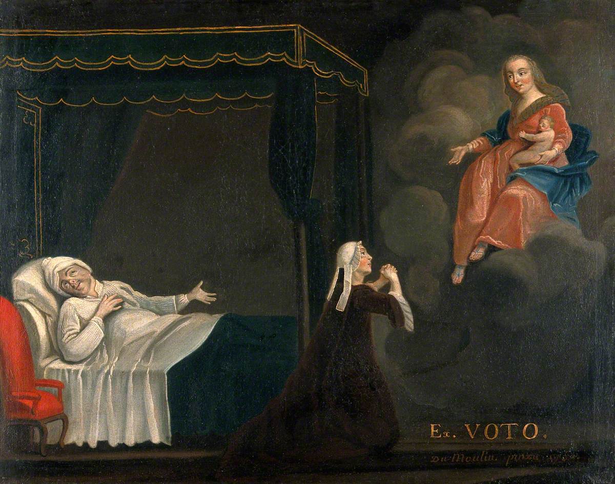 1200x944 A Sick Man In Bed, A Woman Praying To The Virgin And Child Art Uk - Praying Man Painting