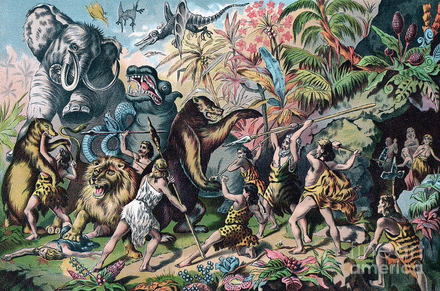 900x596 Prehistoric Man Battling Ferocious Animals Painting By American School - Prehistoric Painting