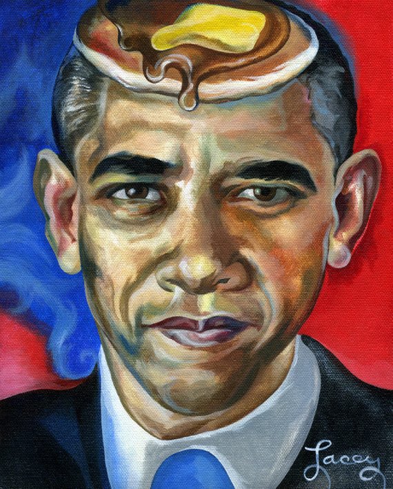 570x708 Canvas Print A Painting Of President Obama With A Pancake - President Obama Painting