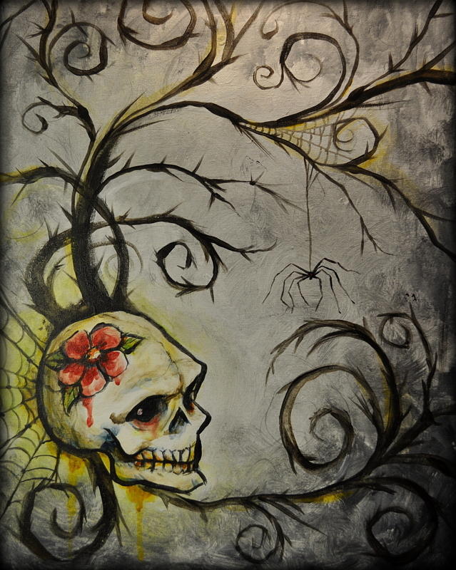 639x800 Grungy Skull With Pretty Flower Painting By Tanya Nevin - Pretty Flower Painting