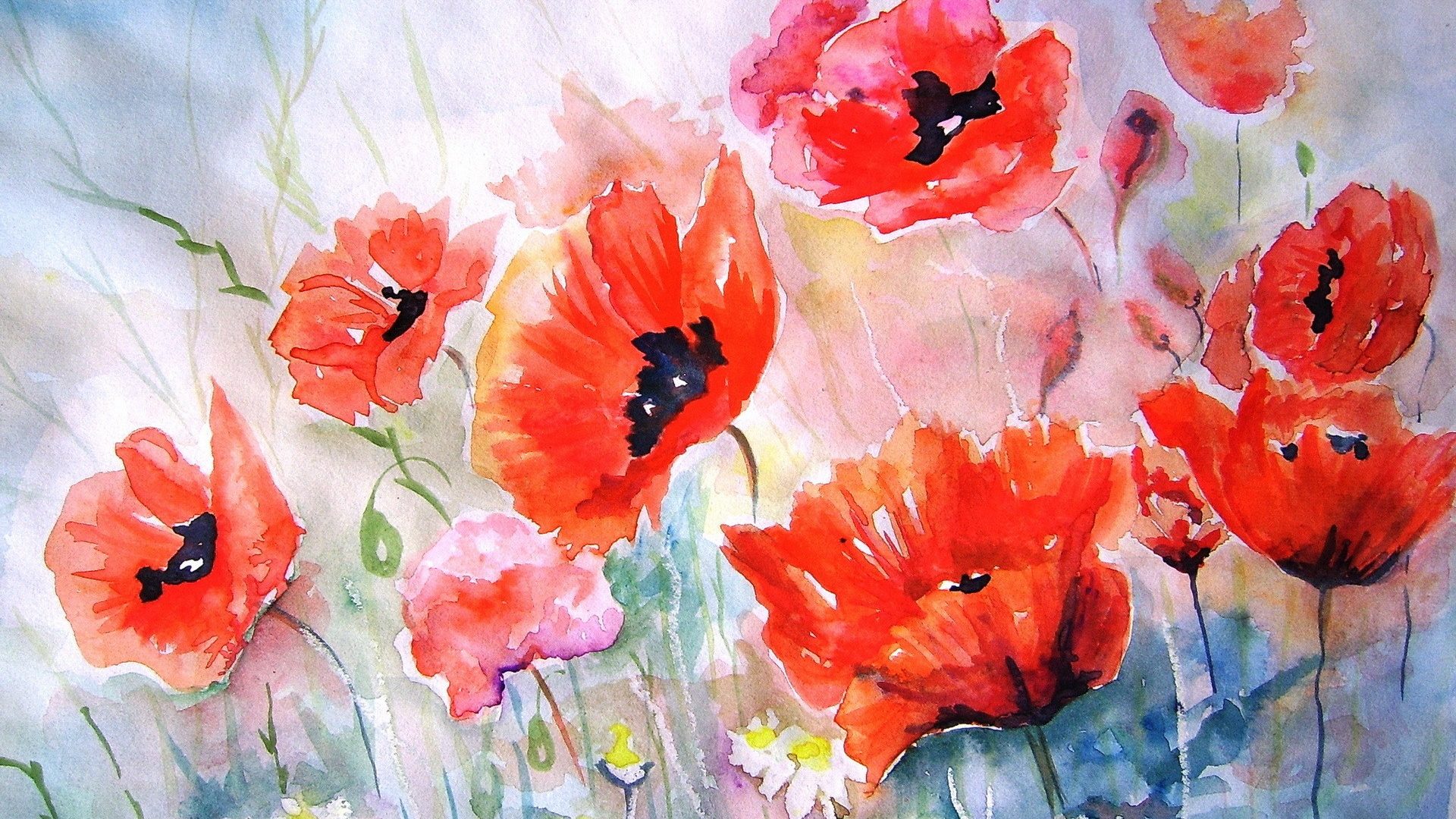 1920x1080 Flowers Painting Beautiful Poppies Watercolor Red Artwork Awesome - Pretty Flower Painting