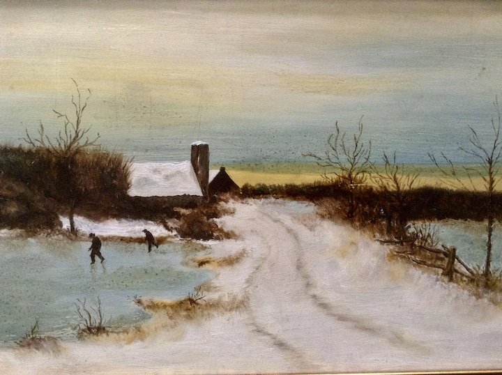 720x538 L. Lange, Primitive Folk Art Ice Skating Winter Scene Oil Painting - Primitive Folk Art Painting