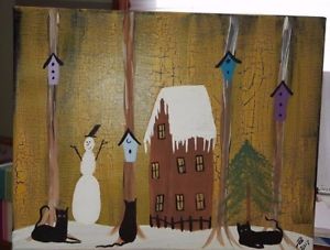 300x227 Primitive Folk Art Painting Snowman Birdhouses Black Cat Cats Ebay - Primitive Folk Art Painting