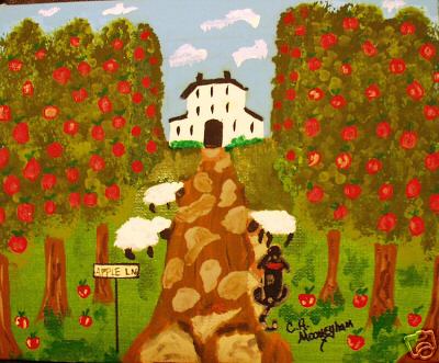 400x331 Sheep Images Primitive Folk Art Painting House Dog Sheep Apple - Primitive Folk Art Painting