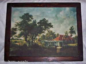 300x222 Vintage Primitive Folk Art Painting In Antique Pine Wood Frame - Primitive Folk Art Painting