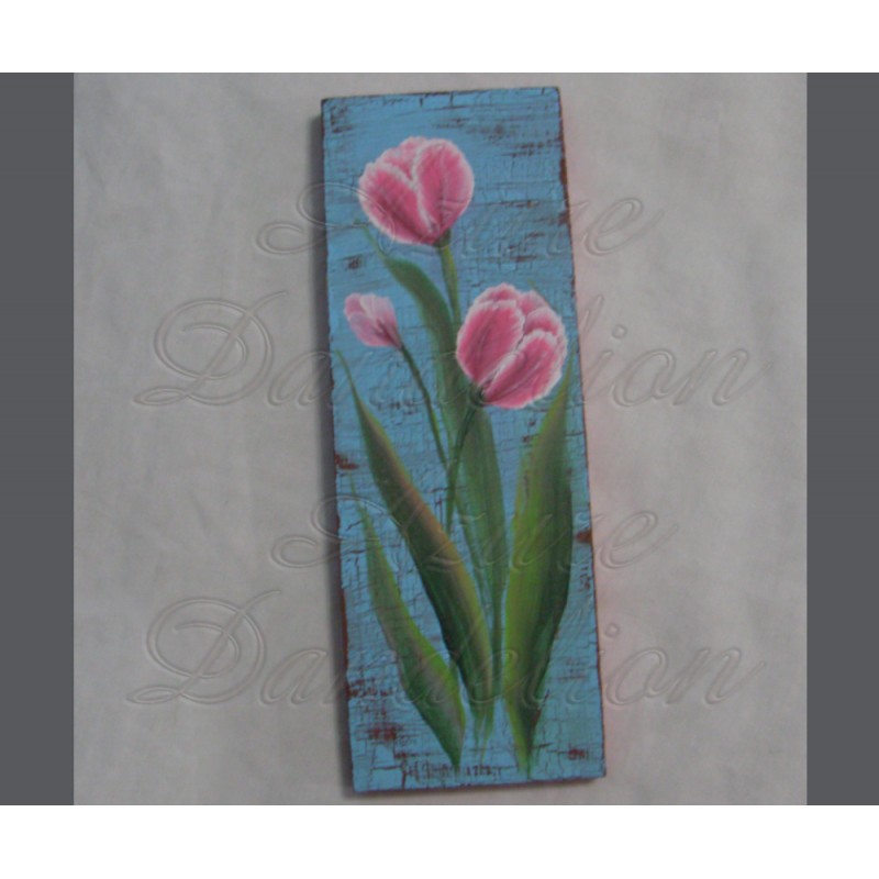 800x800 Original Country Cottage Chic Pink Tulips Primitive Folk Art Painting - Primitive Folk Art Painting