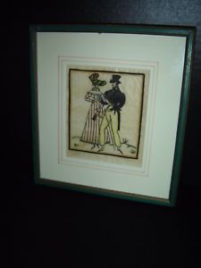 225x300 Antique American Primitive Folk Art Painting Romantic Couple - Primitive Folk Art Painting