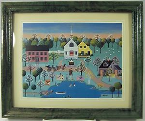 300x249 Colleen Sgroi Country Pond Primitive Art Print Framed 11 X 9 - Primitive Painting