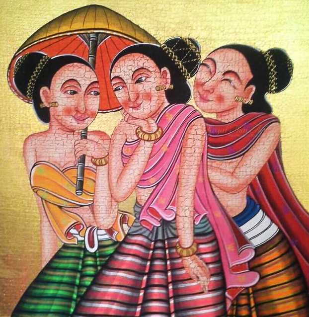 622x638 Primitive Art Of Original Traditional Thai Lady Paintings Royal - Primitive Painting