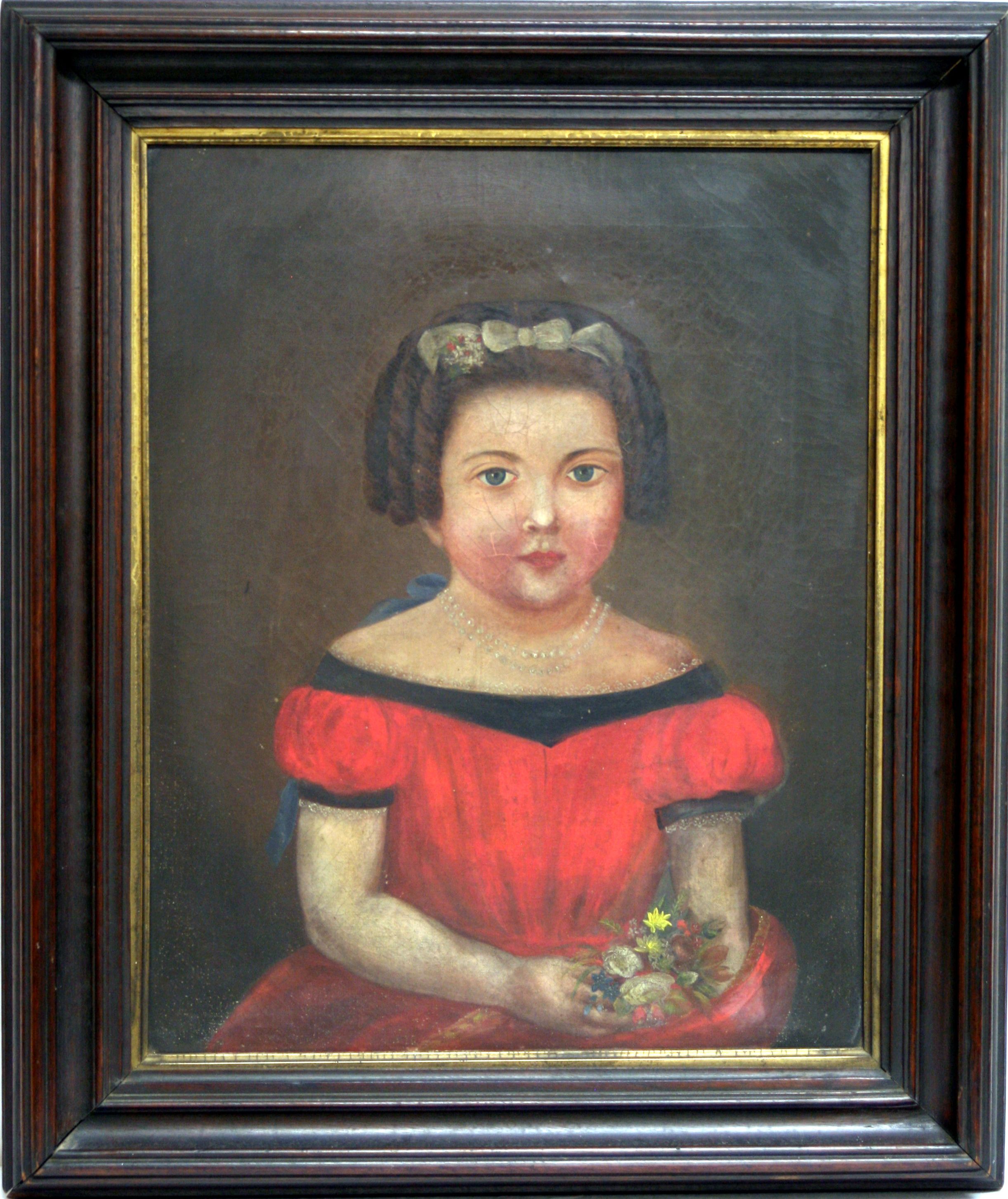 2443x2906 Primitive Portriat Of Girl In Red Dress. Folk Art - Primitive Painting