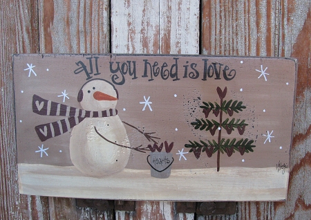 450x318 Primitive Snowman Hanging Hearts Hand Painted Sign - Primitive Snowman Painting