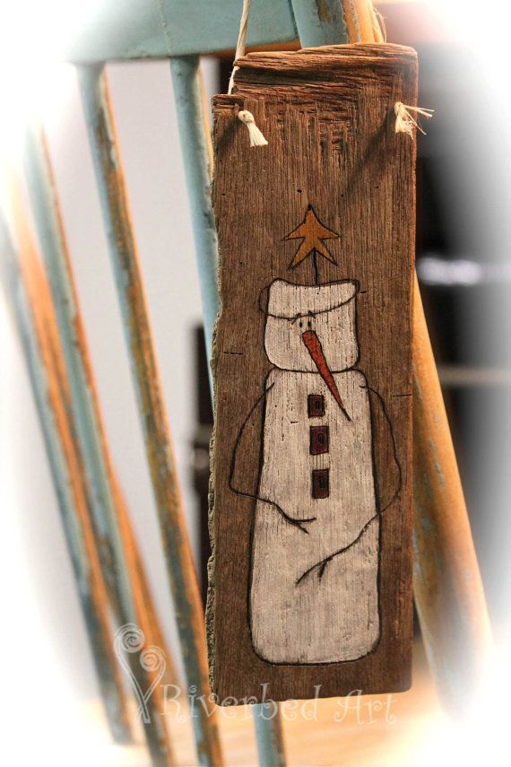 570x855 Primitive Snowman Woodburned Amp Painted On Driftwood By Riverbedart - Primitive Snowman Painting