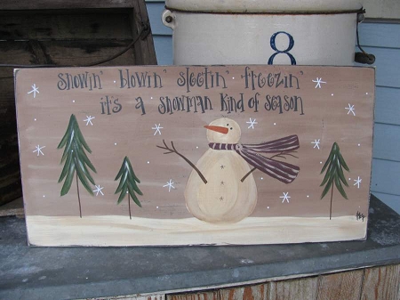 450x337 Primitive Snowman In Winter Hand Painted Wooden Sign - Primitive Snowman Painting