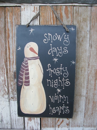 337x450 Primitive Snowy Days Snowman Hand Painted Wooden Sign - Primitive Snowman Painting