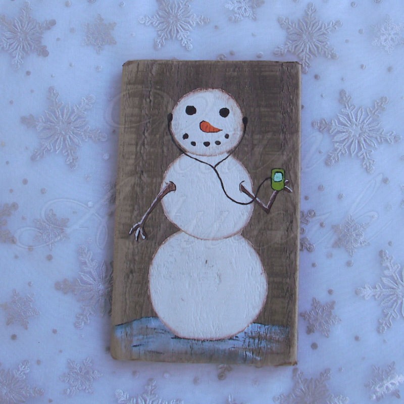 800x800 Primitive Folk Art Snowman With Headphones Original Winter Painting - Primitive Snowman Painting