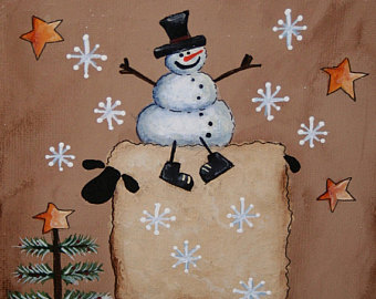 340x270 Hand Painted Fall Primitive Sheep And Crow Painting On Canvas - Primitive Snowman Painting