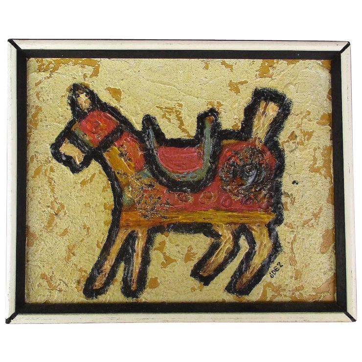 740x740 Vintage Primitive Style Painting Of A Horse Signed Joez - Primitive Style Painting