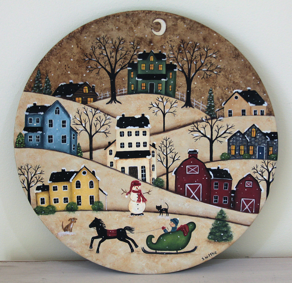 1000x968 Winter Folk Art Painting, Primitive Wood Plate, Winter Country - Primitive Style Painting