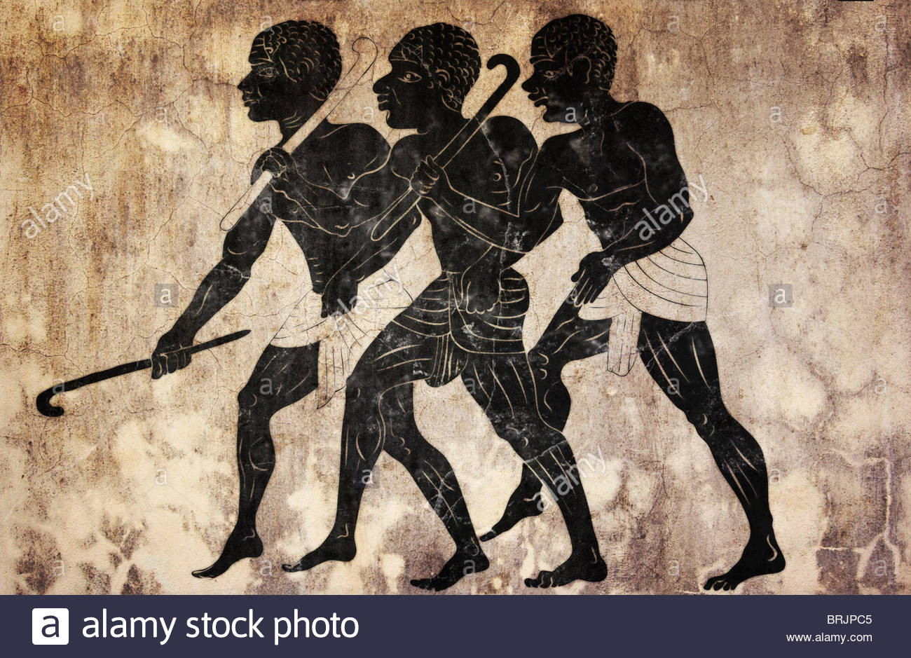 1300x939 Three Hunters In Primitive Style Looks Like Mural Painting Stock - Primitive Style Painting