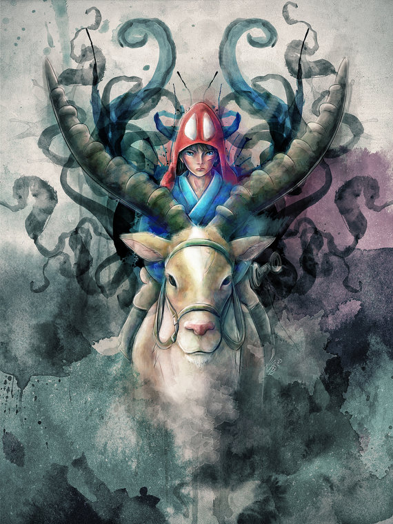 570x760 Princess Mononoke Demon Ashitaka Digital Painting Signed - Princess Mononoke Painting