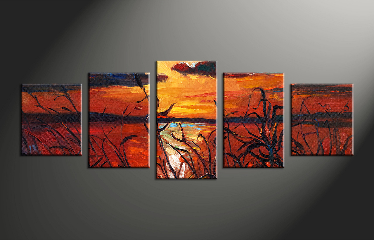 1280x820 5 Piece Ocean Sunset Oil Paintings Group Red Canvas - Print Oil Painting